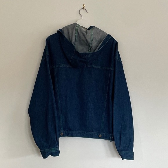Vintage 90's Cross Colours Hooded Denim Jacket Indigo Green Stitching Made USA - Picture 2 of 12